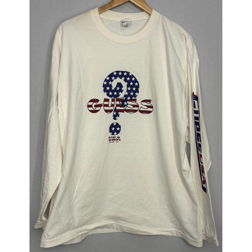 Guess USA Mens T-Shirt White Graphic Long Sleeve Crew Neck XL Vintage 90s Sleeve